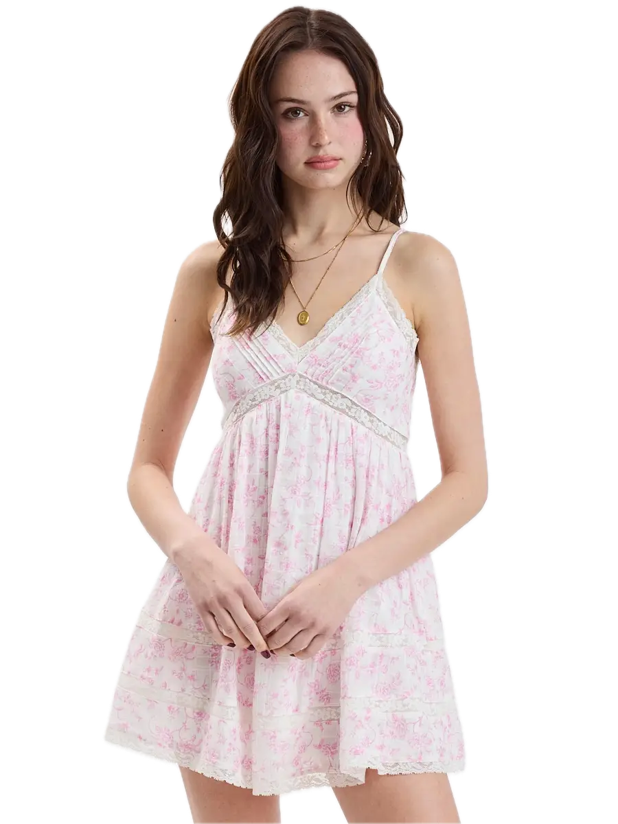 Floral Checker V-Neck Lace Trim Mini Dress