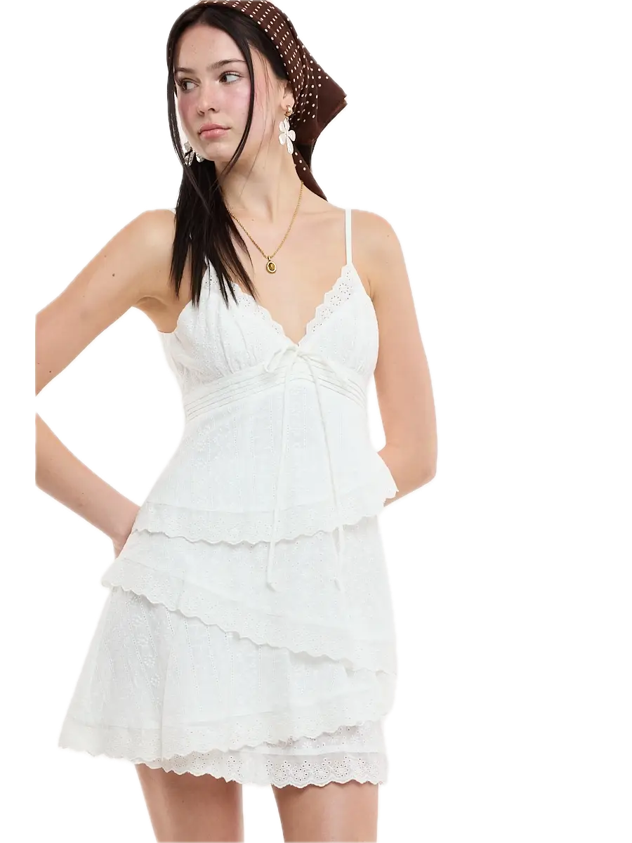 Eyelet Asymmetric Tiered Mini Dress