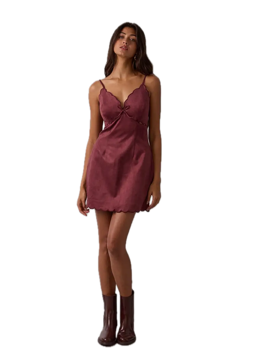 Suede Scallop Cut V-Neck Mini Dress