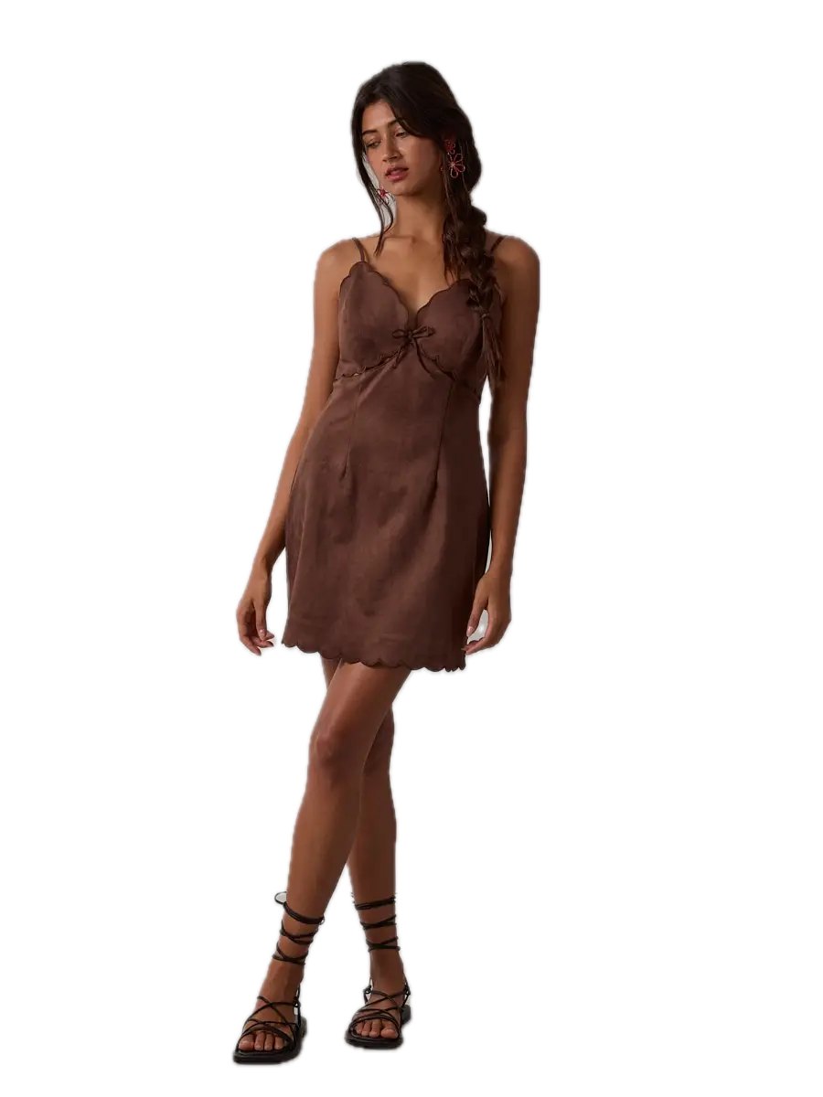 Suede Scallop Cut V-Neck Mini Dress