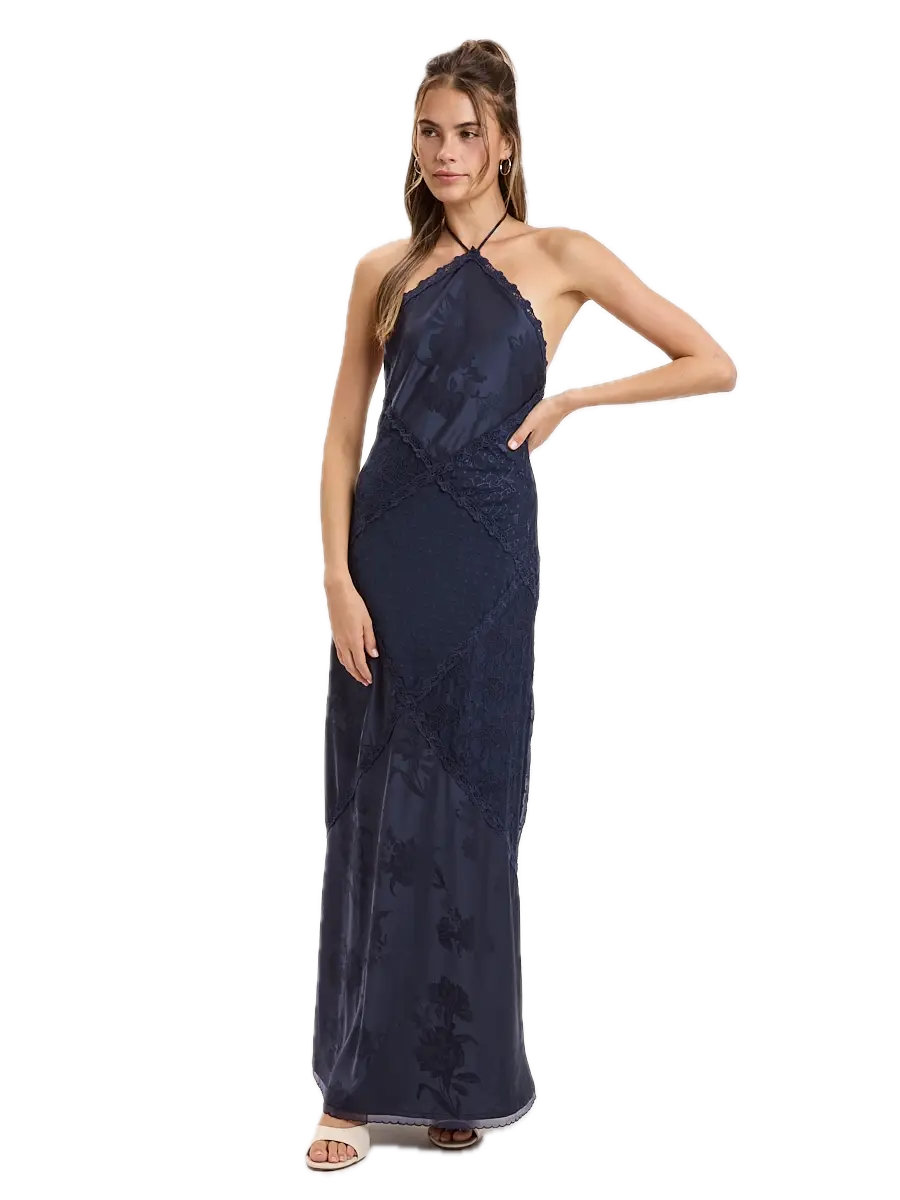 Jacquard Satin Clip Dot Lace Patchwork Maxi Dress