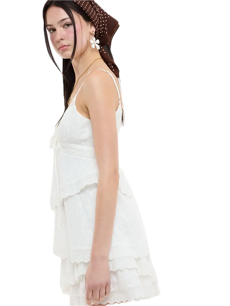 Eyelet Asymmetric Tiered Mini Dress
