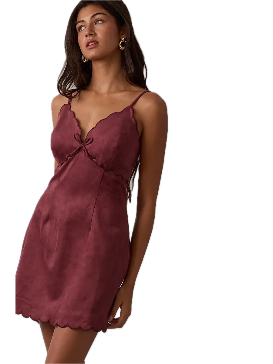Suede Scallop Cut V-Neck Mini Dress