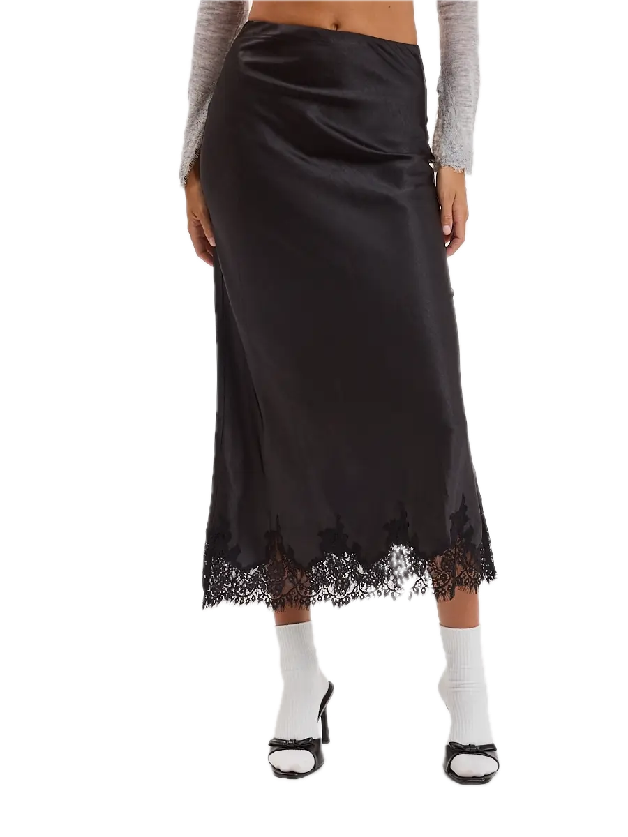 Satin Mono Tone Elastic Waist Lace Midi Skirt