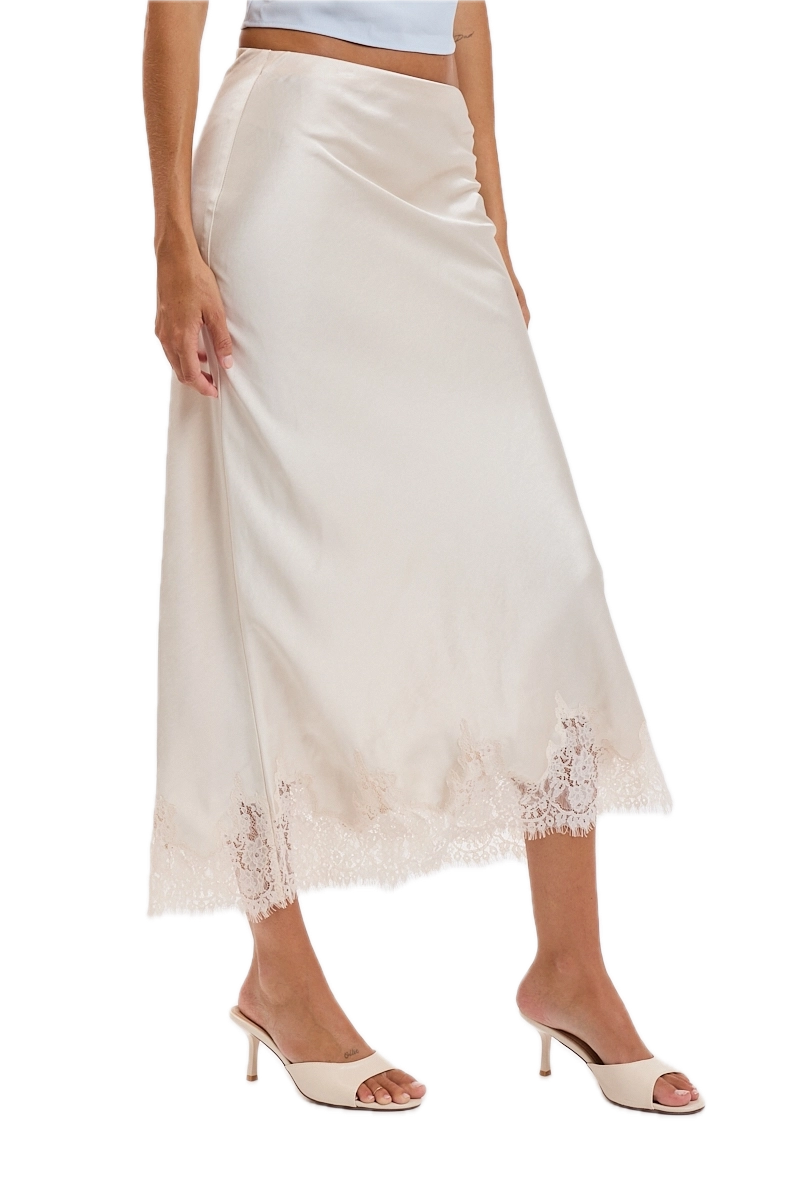 Satin Mono Tone Elastic Waist Lace Midi Skirt