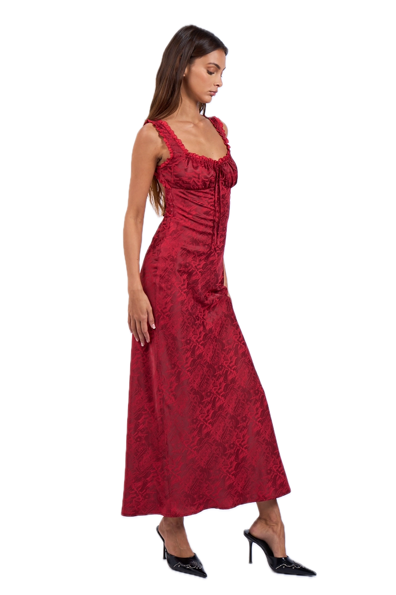 Satin Ruched Lace Maxi Dress