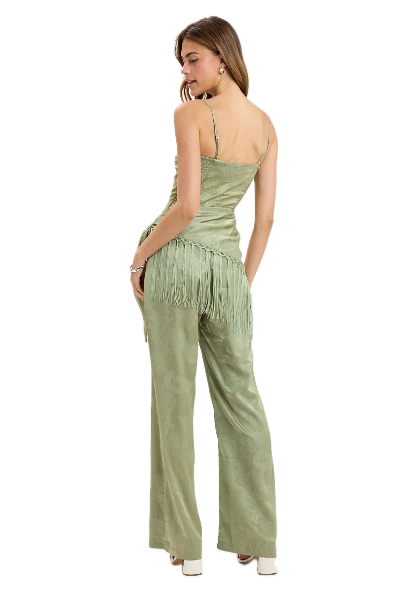Waist Wrap Overlay Fringe Satin Jacquard Jumpsuit