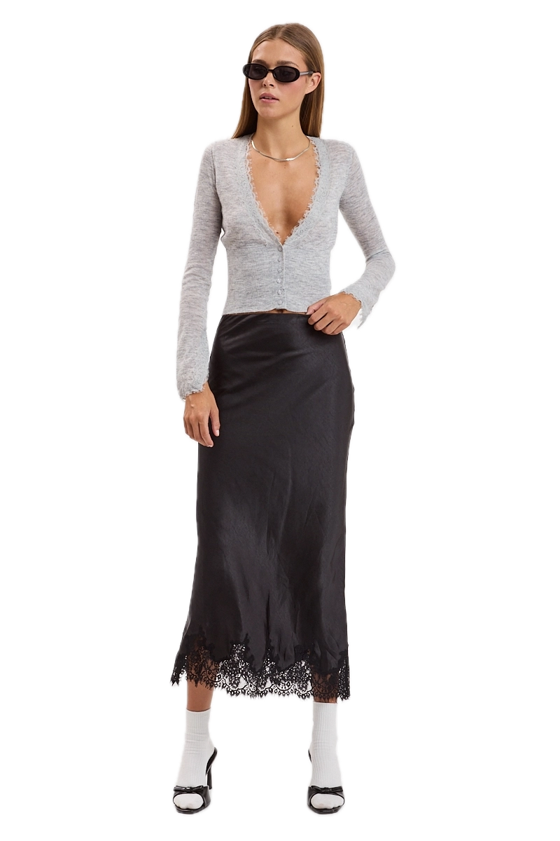 Satin Mono Tone Elastic Waist Lace Midi Skirt