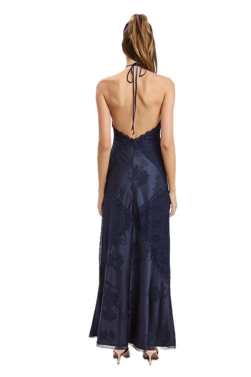 Jacquard Satin Clip Dot Lace Patchwork Maxi Dress