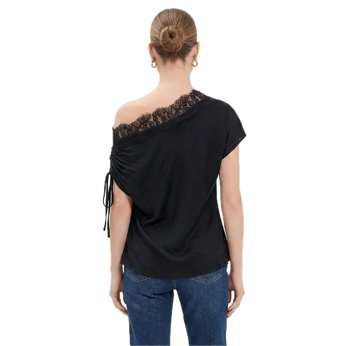 Draped Off Shoulder Lace Trim Blouse