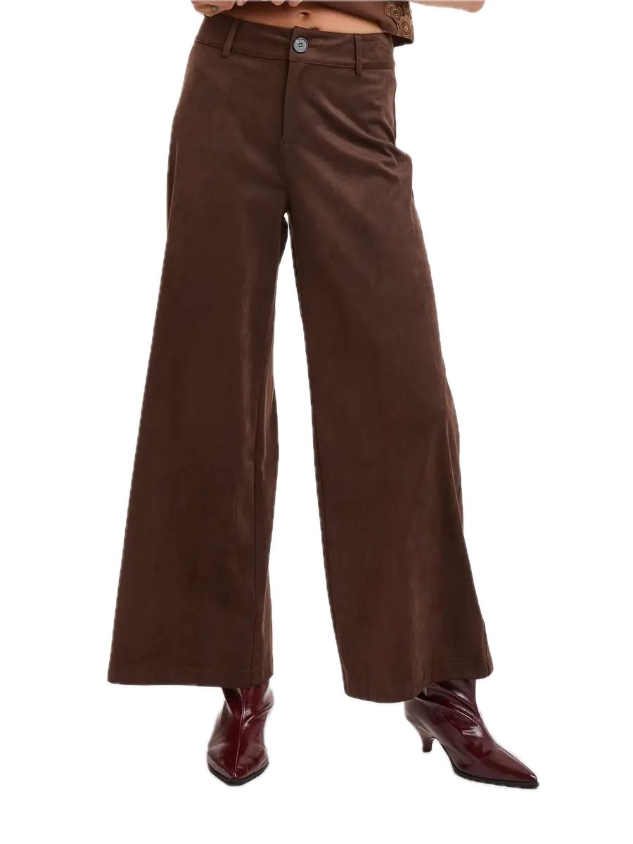 Suede Solid Color Mid-Rise Long Flare Pants