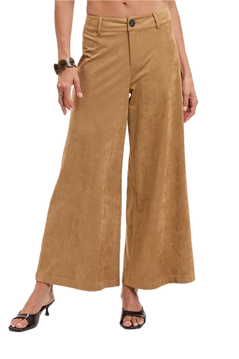 Suede Solid Color Mid-Rise Long Flare Pants