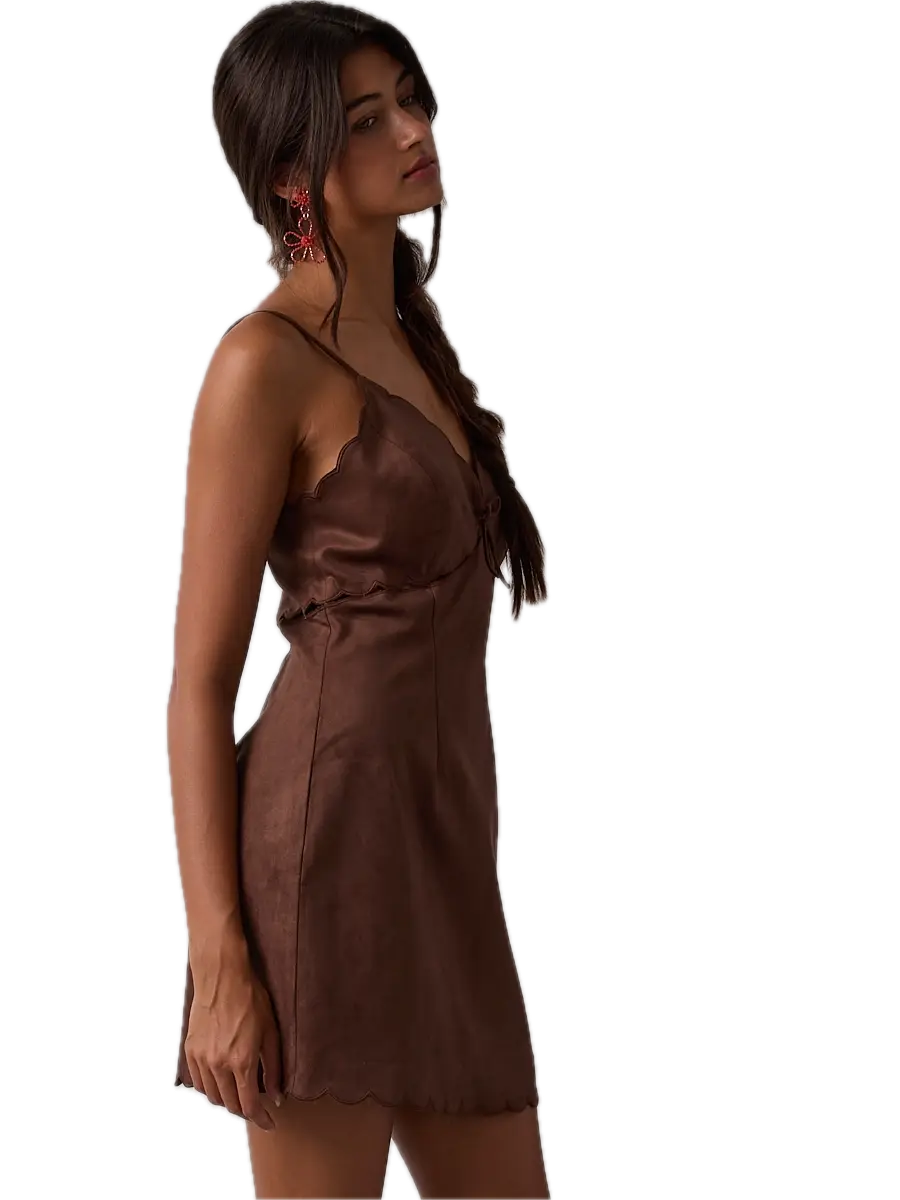 Suede Scallop Cut V-Neck Mini Dress
