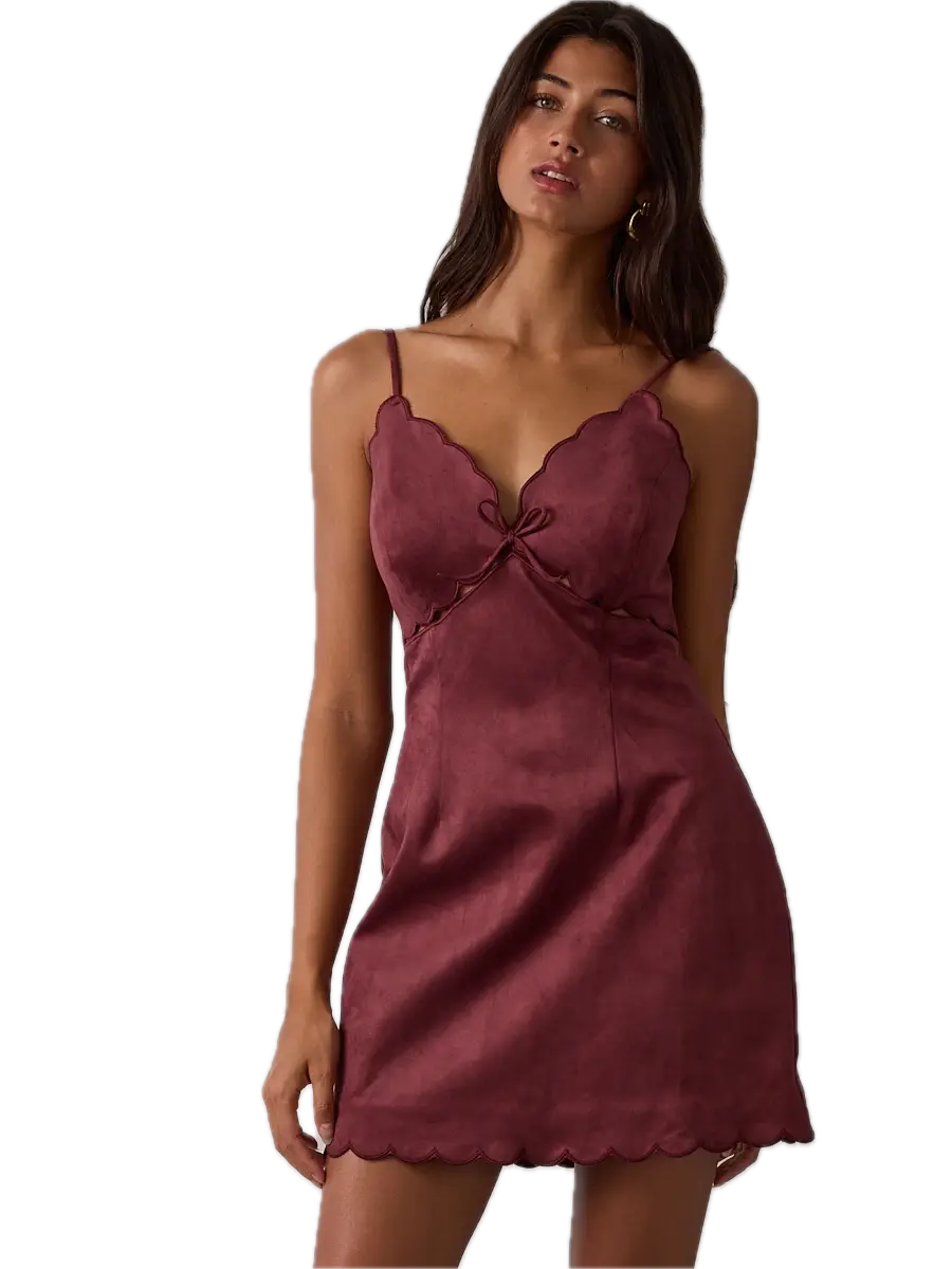 Suede Scallop Cut V-Neck Mini Dress