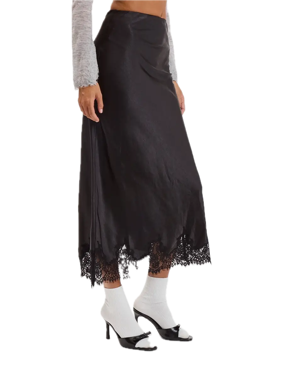 Satin Mono Tone Elastic Waist Lace Midi Skirt