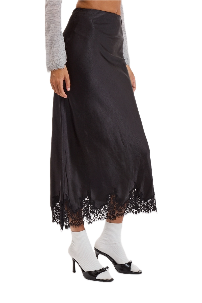 Satin Mono Tone Elastic Waist Lace Midi Skirt