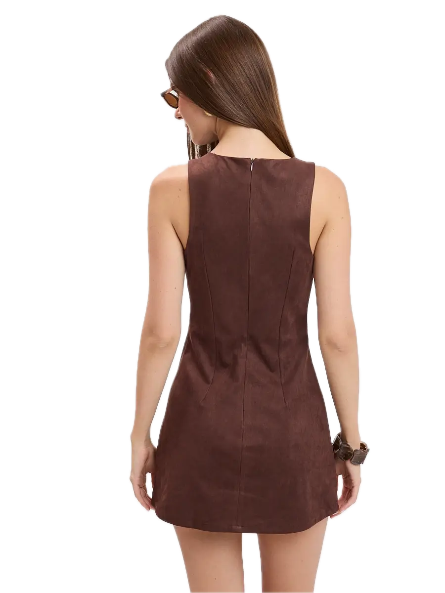 Dark Suede Boat Neck Inside Shorts Mini Dress