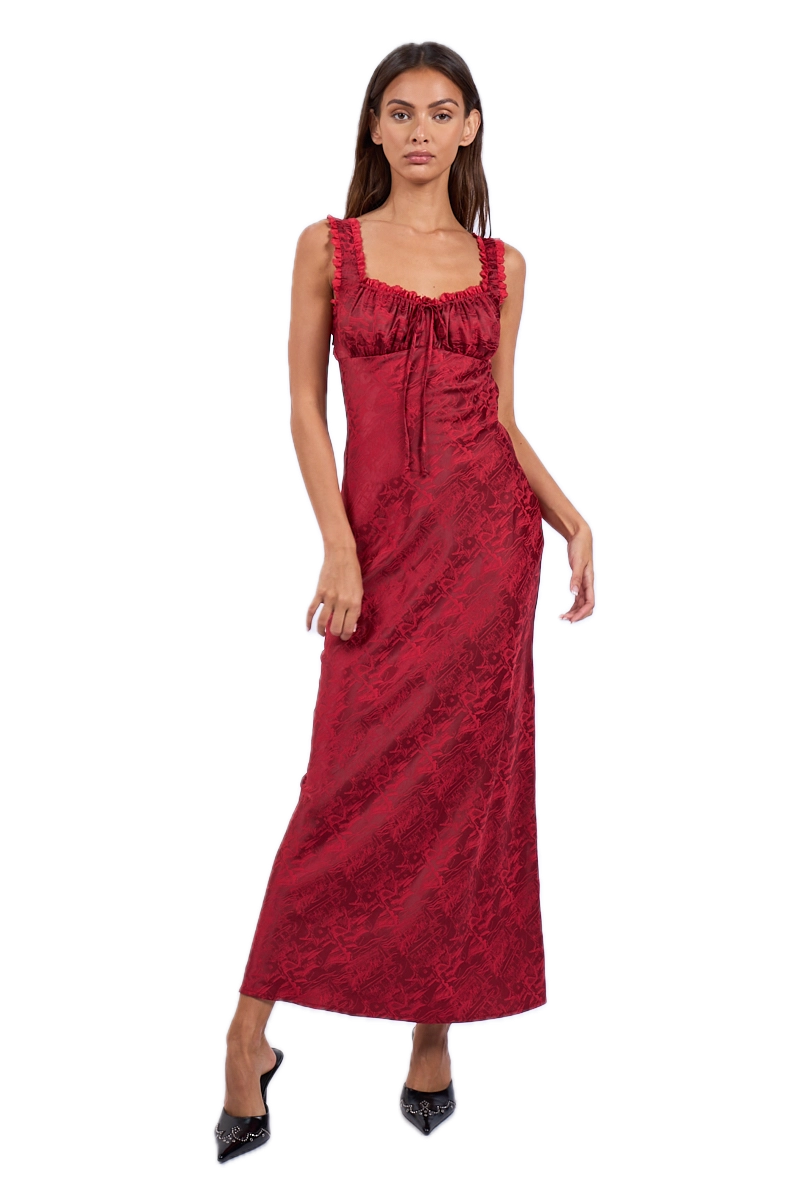 Satin Ruched Lace Maxi Dress