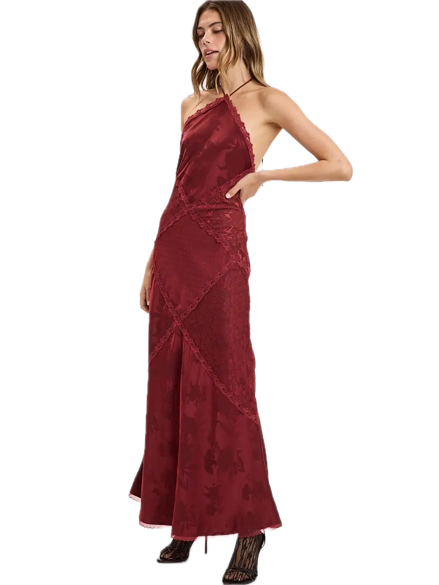 Jacquard Satin Clip Dot Lace Patchwork Maxi Dress