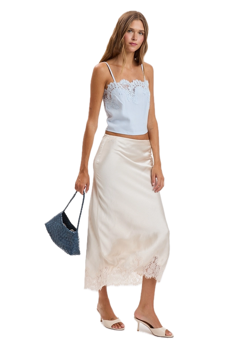 Satin Mono Tone Elastic Waist Lace Midi Skirt