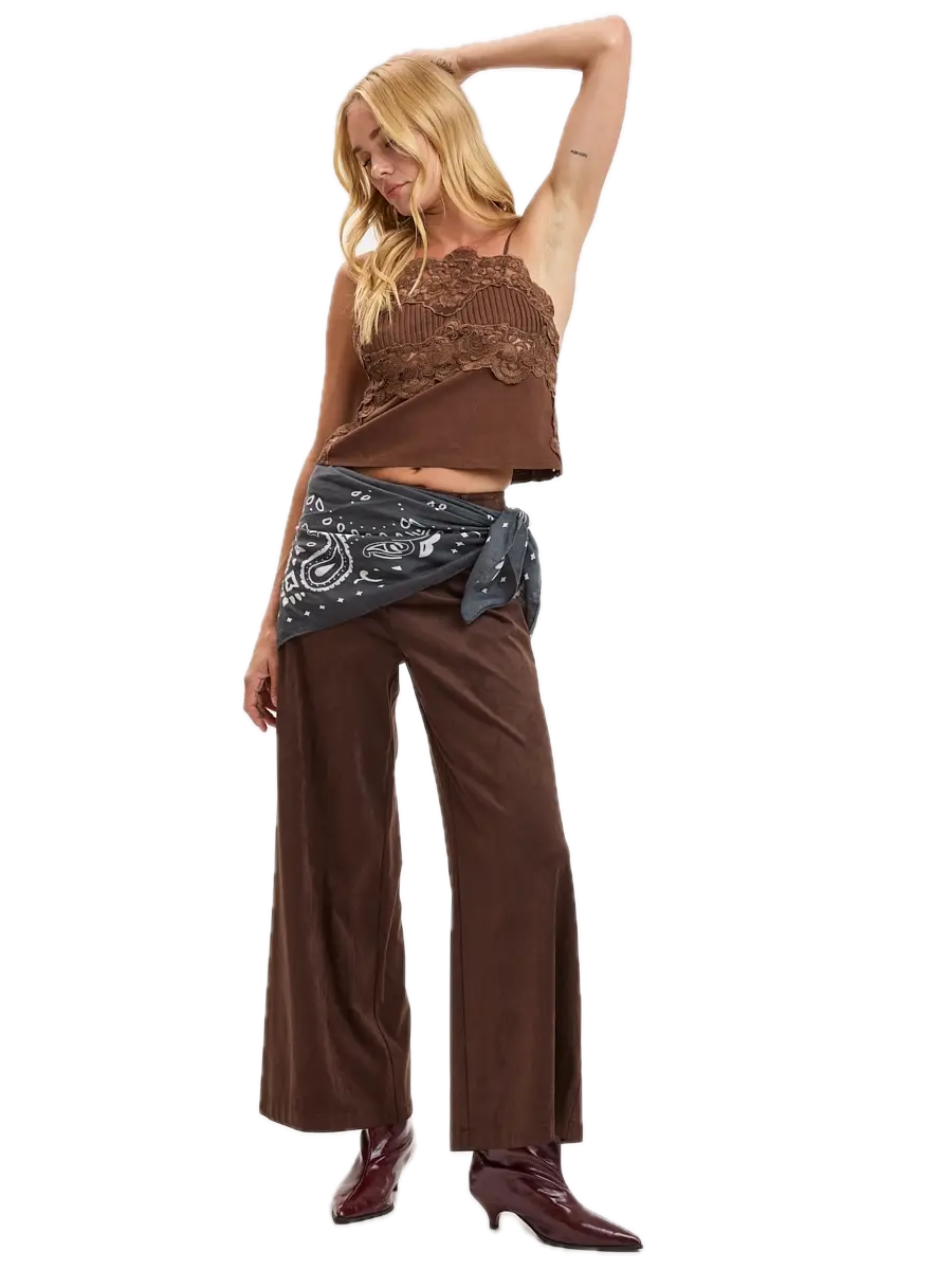 Suede Solid Color Mid-Rise Long Flare Pants