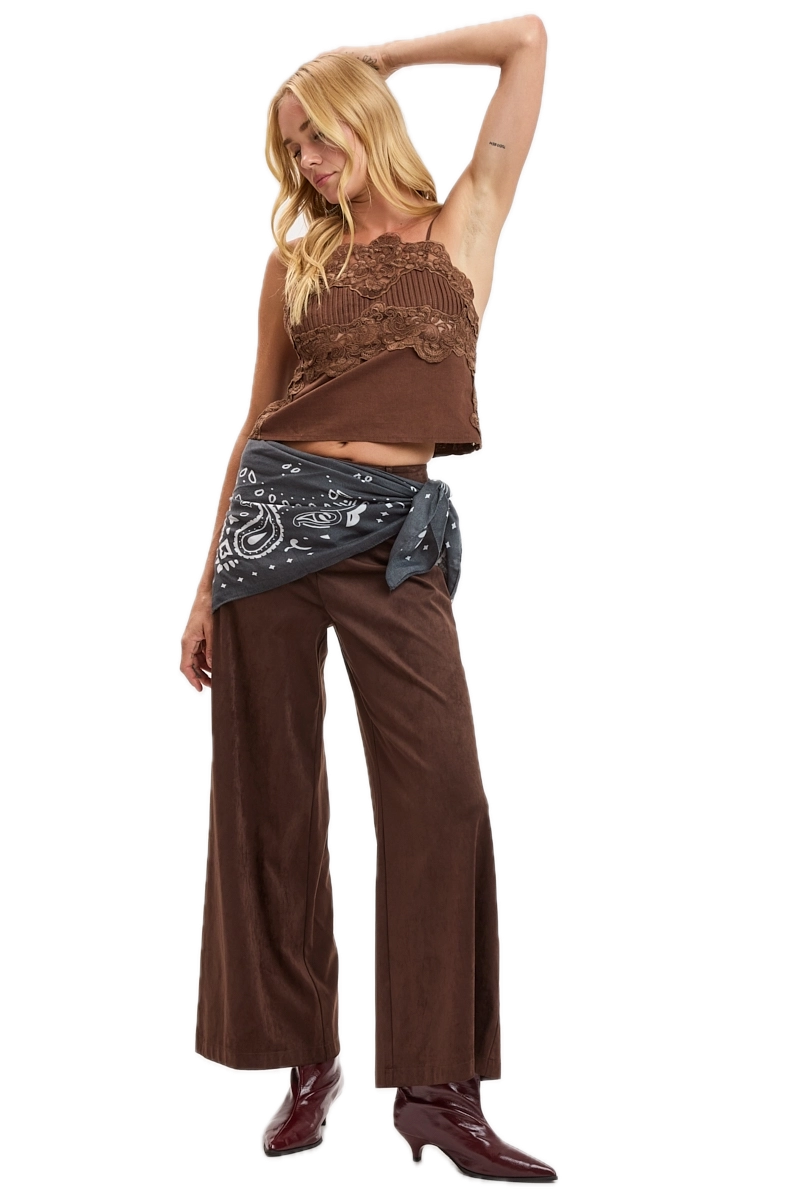 Suede Solid Color Mid-Rise Long Flare Pants