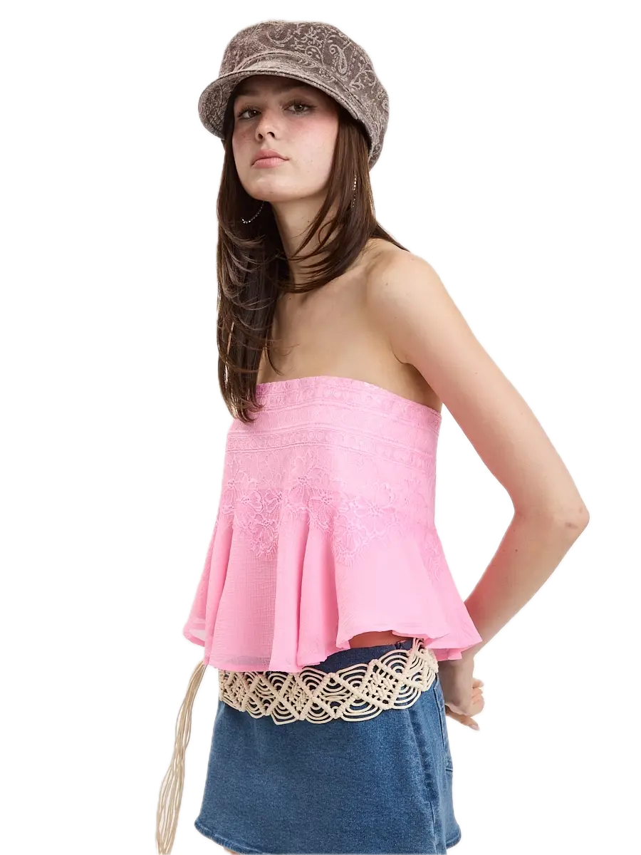 Floral Lace Ruffle Tube Crop Top