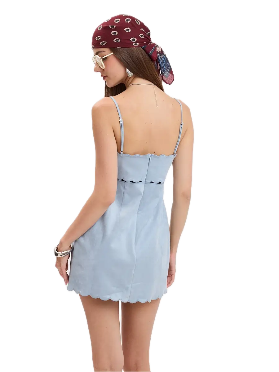 Suede Scallop Cut V-Neck Mini Dress