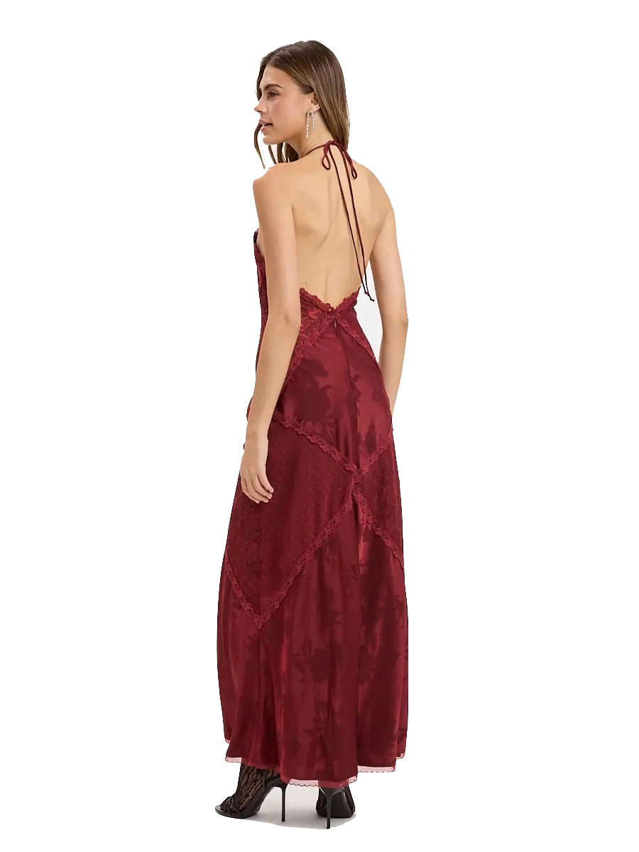 Jacquard Satin Clip Dot Lace Patchwork Maxi Dress