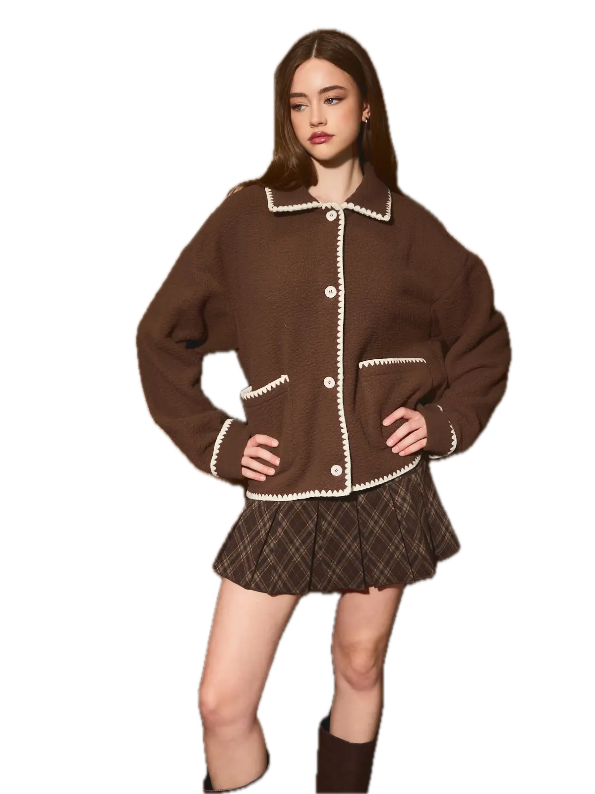 Contrast Whipstitch Oversized Fleece Jacket