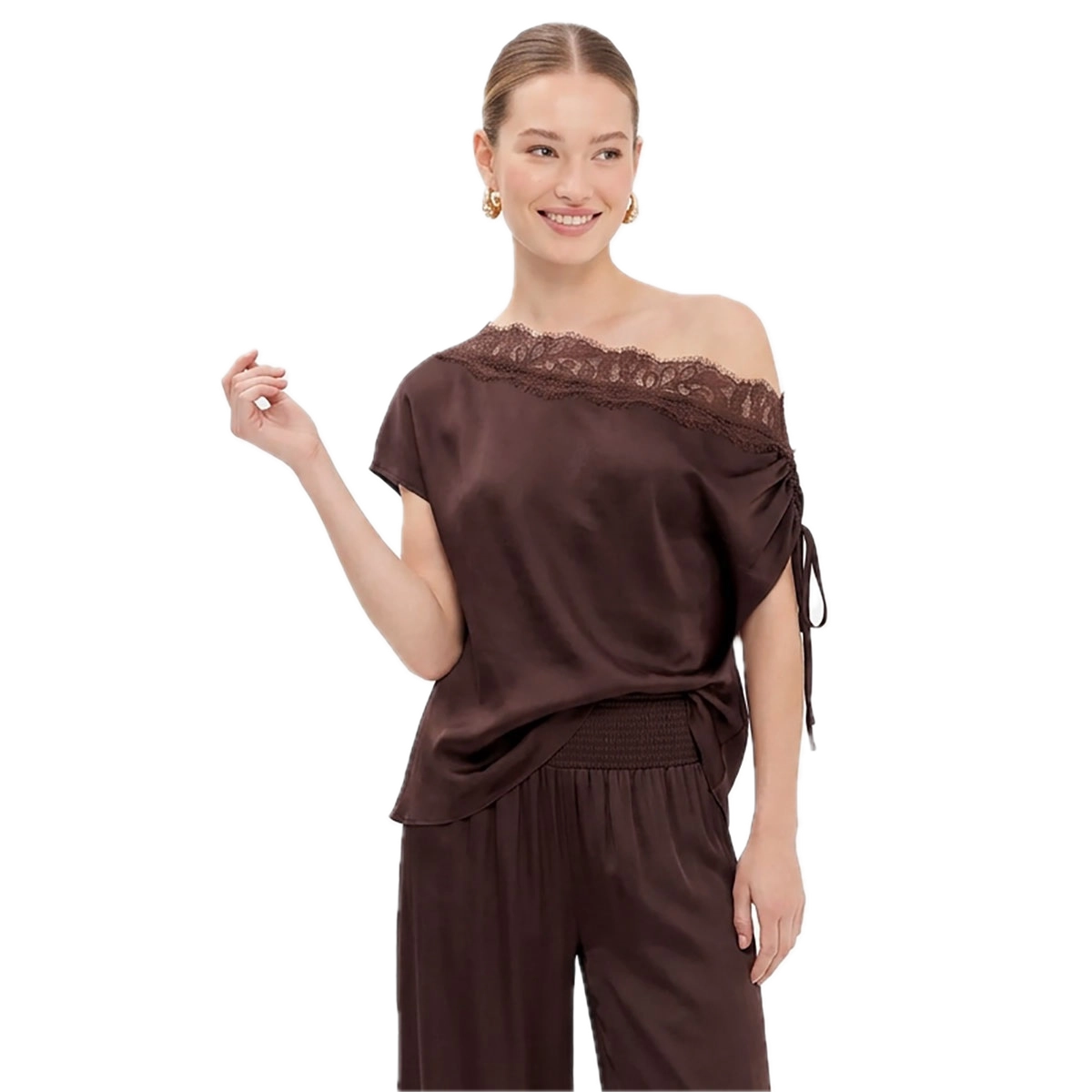Draped Off Shoulder Lace Trim Blouse