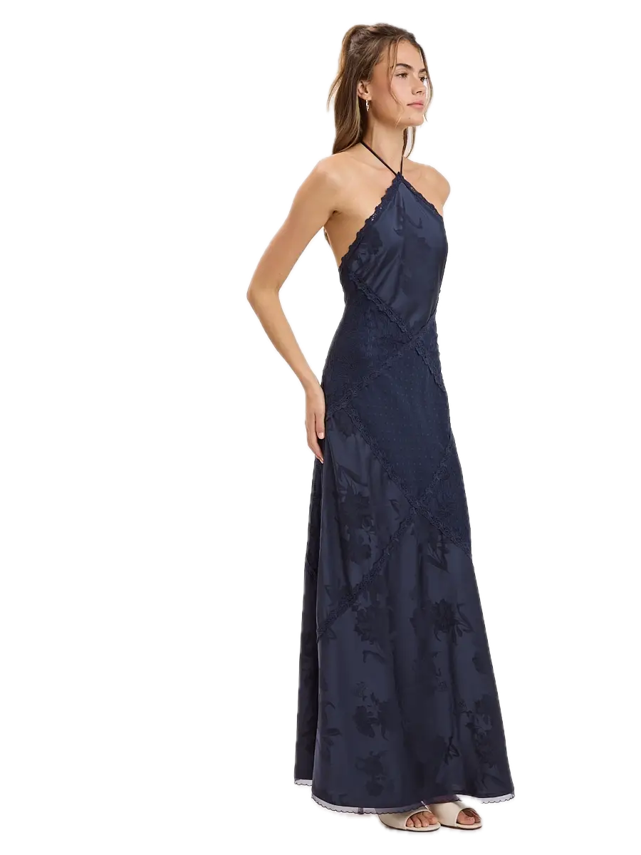 Jacquard Satin Clip Dot Lace Patchwork Maxi Dress
