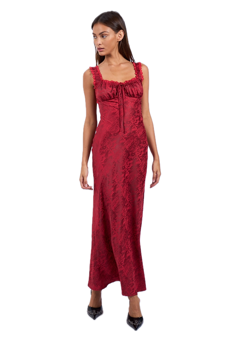 Satin Ruched Lace Maxi Dress