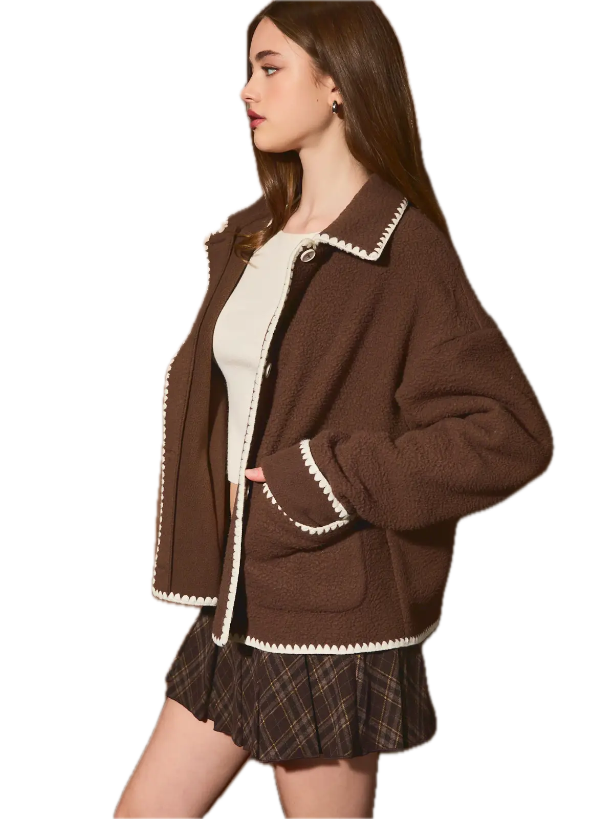 Contrast Whipstitch Oversized Fleece Jacket