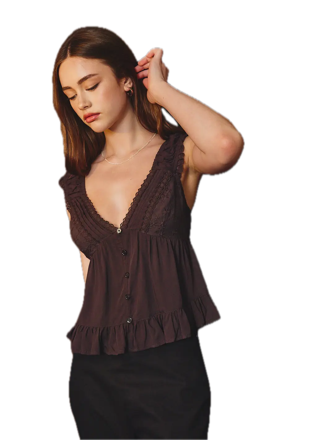 V-Neckline Top with Lace Trim