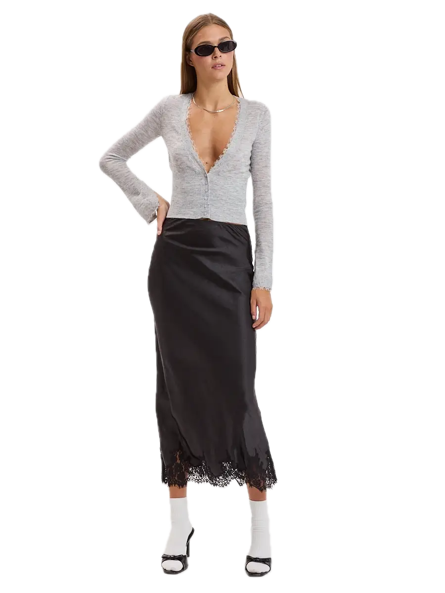 Satin Mono Tone Elastic Waist Lace Midi Skirt