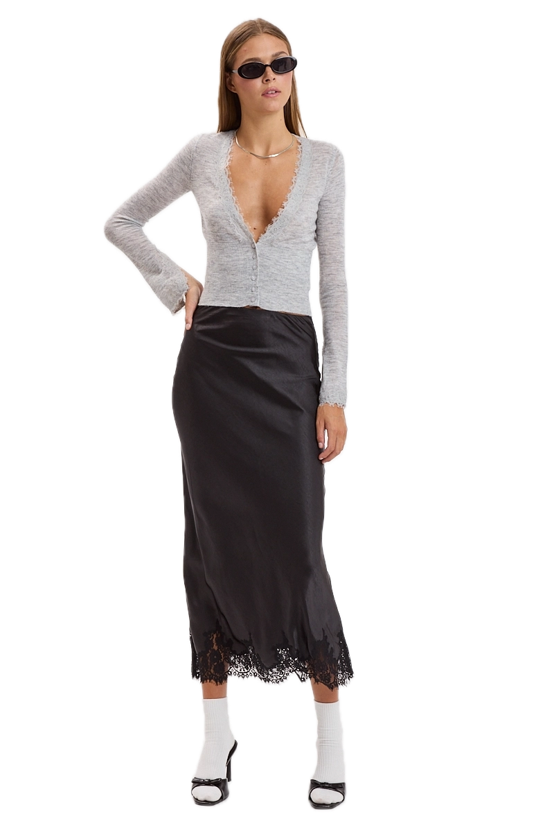 Satin Mono Tone Elastic Waist Lace Midi Skirt