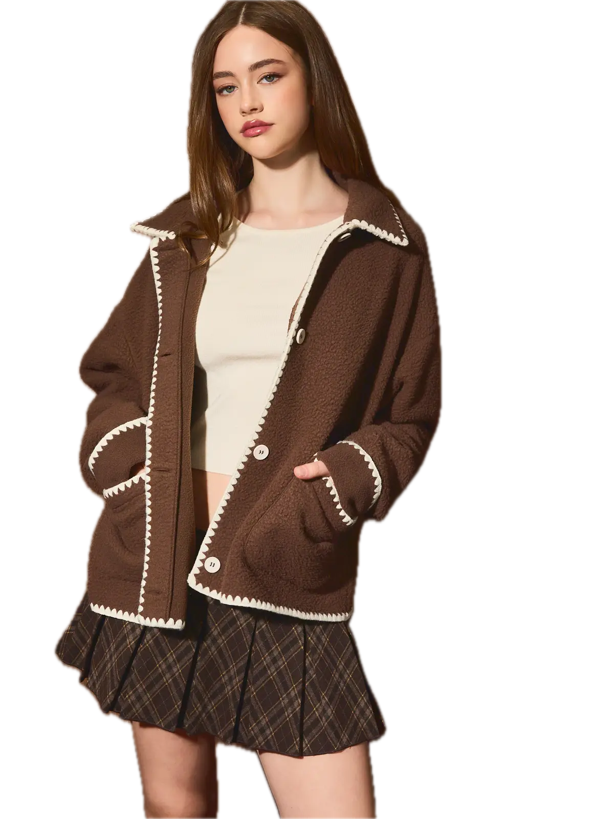 Contrast Whipstitch Oversized Fleece Jacket
