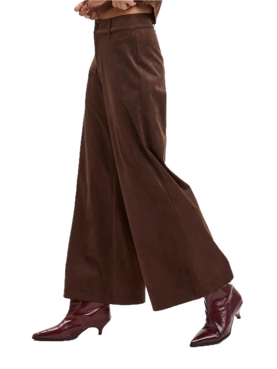 Suede Solid Color Mid-Rise Long Flare Pants