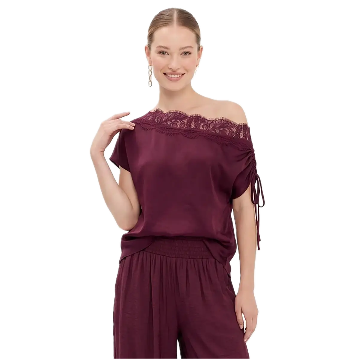 Draped Off Shoulder Lace Trim Blouse
