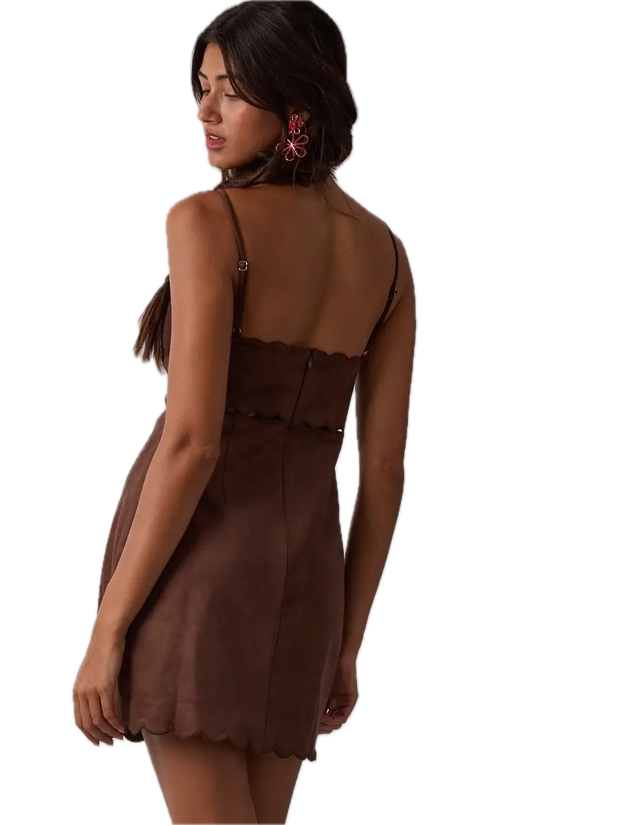 Suede Scallop Cut V-Neck Mini Dress