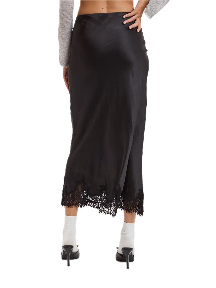 Satin Mono Tone Elastic Waist Lace Midi Skirt