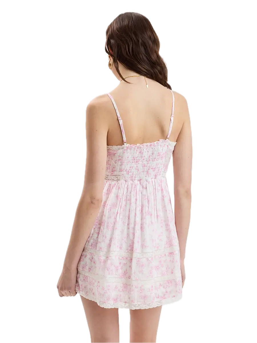 Floral Checker V-Neck Lace Trim Mini Dress