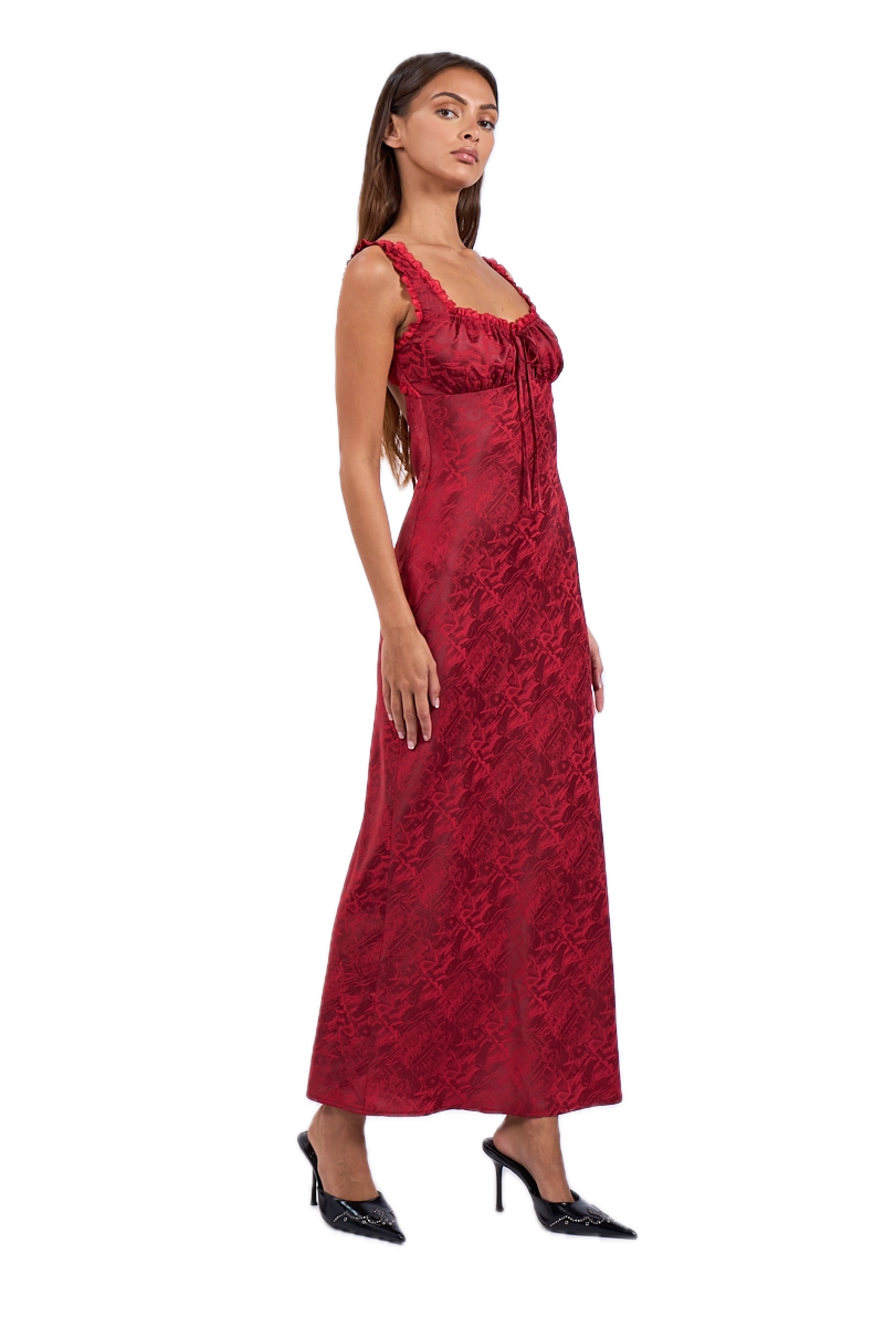 Satin Ruched Lace Maxi Dress
