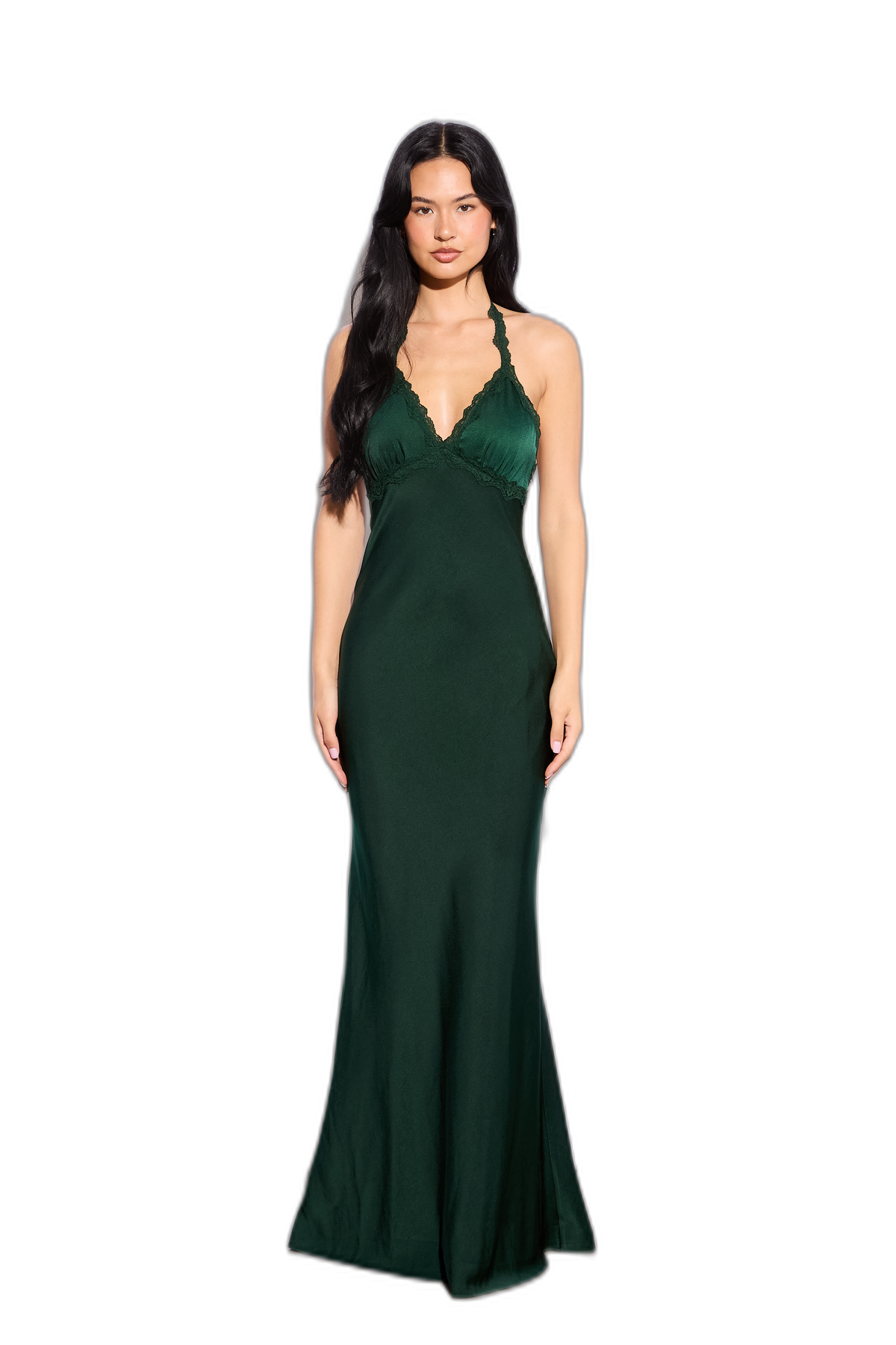Lace Trim Satin Halter Maxi Dress - Hunter
