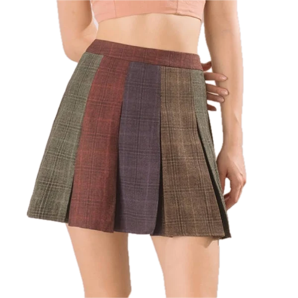 Plaid Panel Pleated Skirt